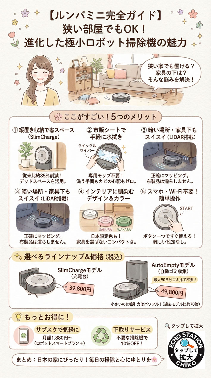 【ルンバミニ徹底解説】縦置きできる超小型ロボット掃除機|市販シートで水拭き・Wi-FiなしでもOK