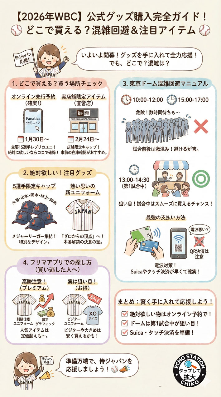 【2026年WBC公式グッズ完全ガイド】どこで買える?東京ドーム混雑回避・売り切れ対策・狙い目時間まとめ