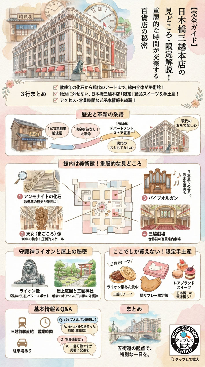日本橋三越本店は単なる百貨店ではありません！アンモナイトの化石や圧巻の天女像、日本最古のパイプオルガンなど、館内はまるで美術館。絶対外せない三越限定のスイーツや手土産、アクセスなどの基本情報まで、女性目線でその見どころを徹底解説します。