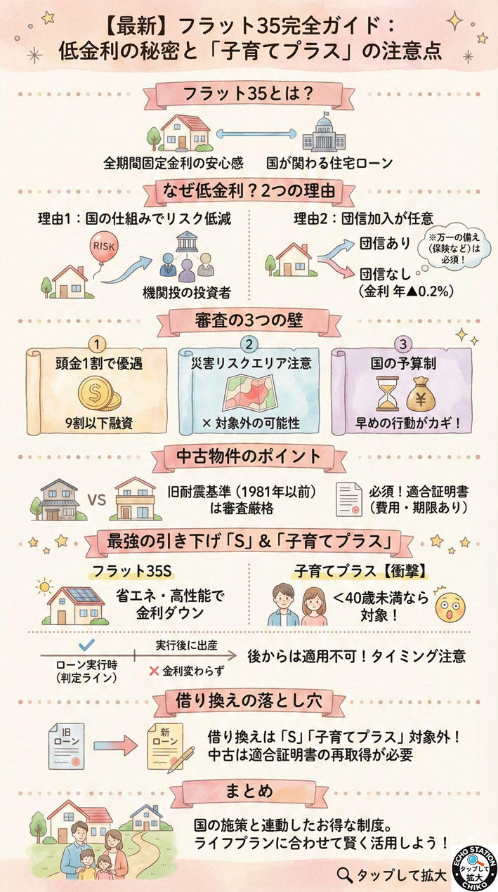 フラット35はなぜ低金利？団信の仕組みと審査の壁、子育てプラスの条件まで整理【2026】