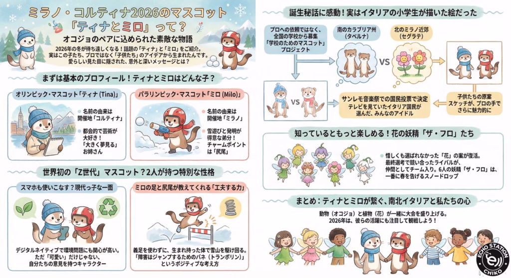 【ミラノ・コルティナ2026】マスコット「ティナとミロ」とは？オコジョに込められた意味と誕生秘話をやさしく解説