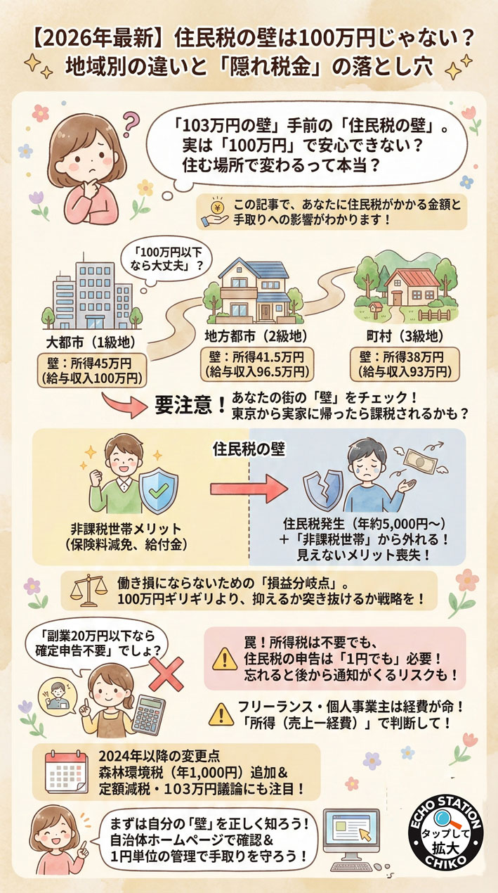 【2026年最新】住民税の壁は“100万円固定”じゃない|93万/103万/110万…地域差と非課税メリット消滅の落とし穴