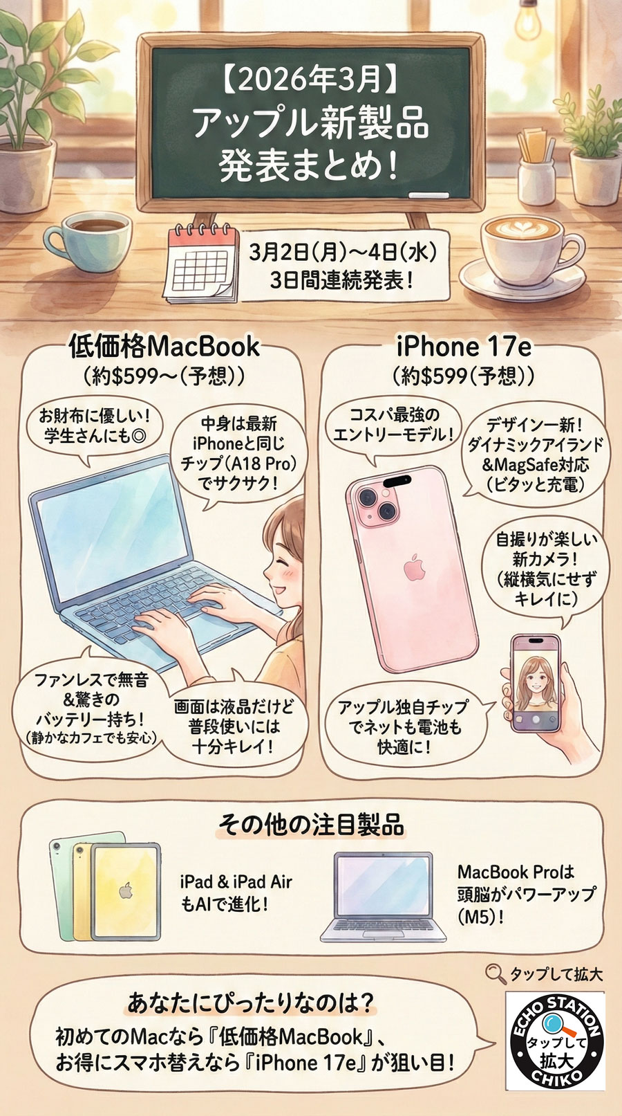 【2026年3月】アップル新製品は3日連続?低価格MacBookとiPhone 17eの噂スペック・価格まとめ