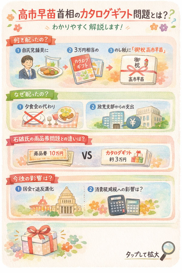 高市首相のカタログギフト配布、どこが論点?|当選祝い・原資・法律(政治資金規正法)をわかりやすく