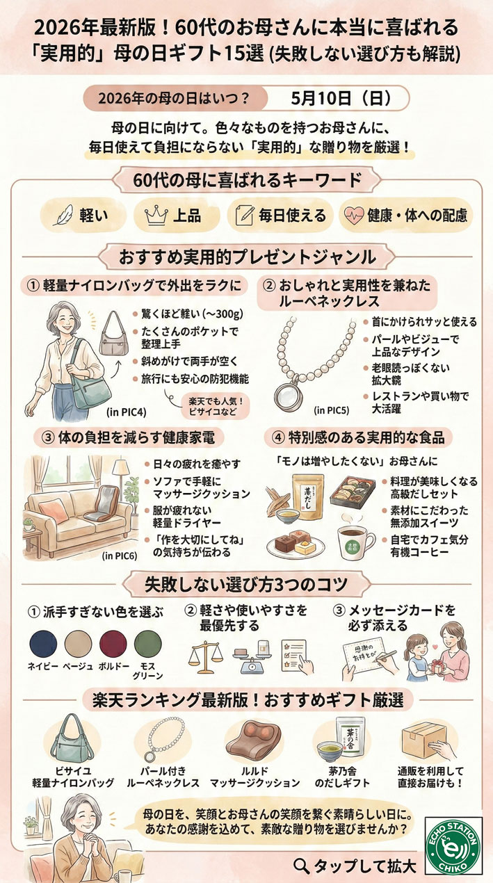 【2026年】母の日プレゼント 60代に喜ばれる実用的ギフト｜軽い・上品・毎日使えるおすすめ15選