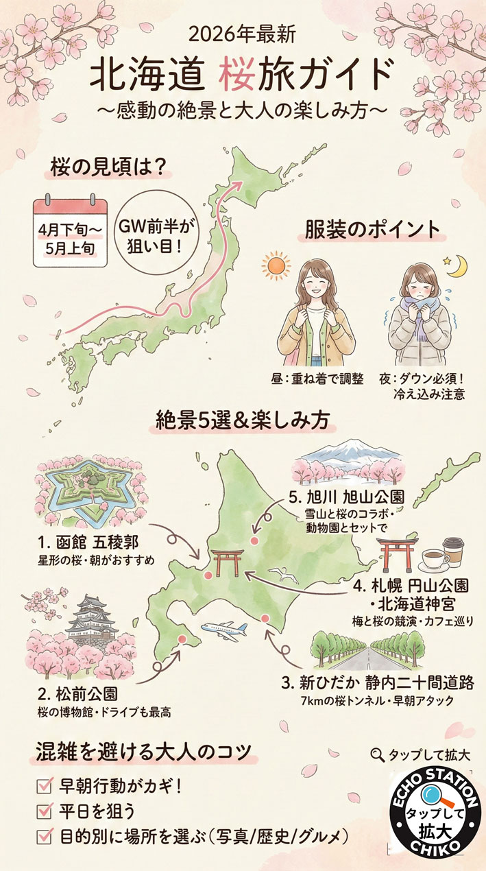 【2026年最新】北海道の桜はGWが本番！見頃予想と絶景5選（五稜郭・松前・二十間道路ほか）混雑回避＆服装まで完全ガイド