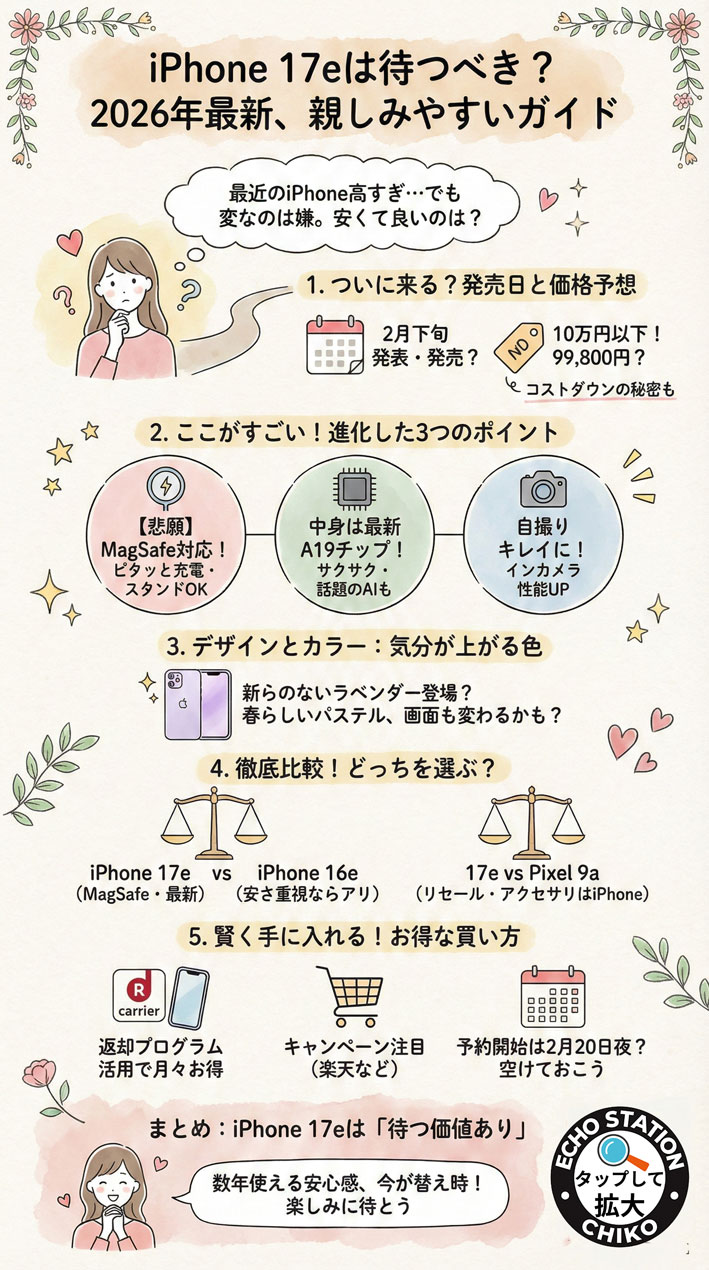 iPhone 17eは待つべき?発売日・価格予想と16eの違い|MagSafe対応の噂も【2026年最新】