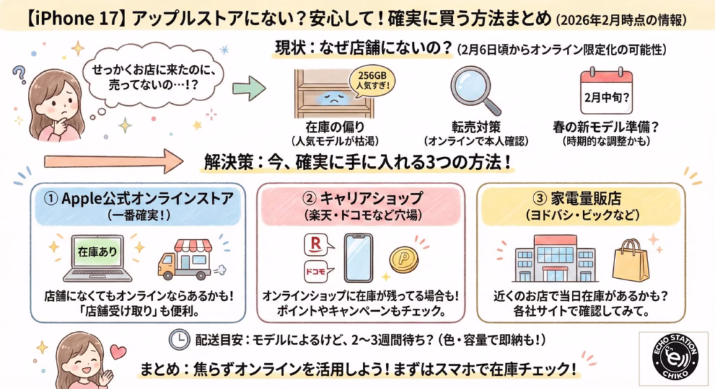 【iPhone 17】アップルストアに売ってない？在庫なしの理由と今すぐ確実に買う方法【2026年2月最新】