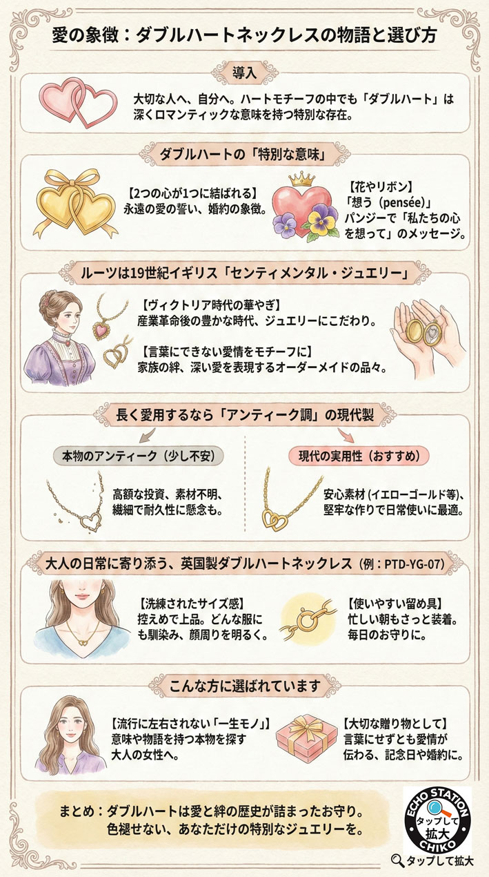 【ダブルハートネックレスの意味】2つの心が結ばれる愛の象徴|英国アンティーク調を日常のお守りに