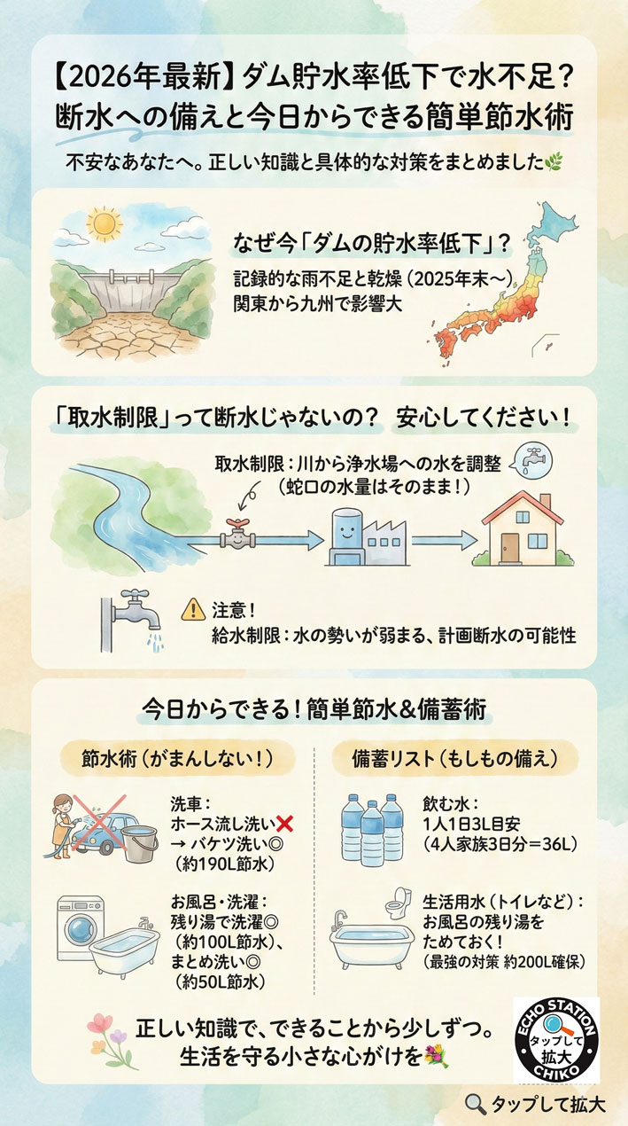 【2026年最新】ダム貯水率低下で水不足?断水は起きる?今すぐできる節水と備えをやさしく解説