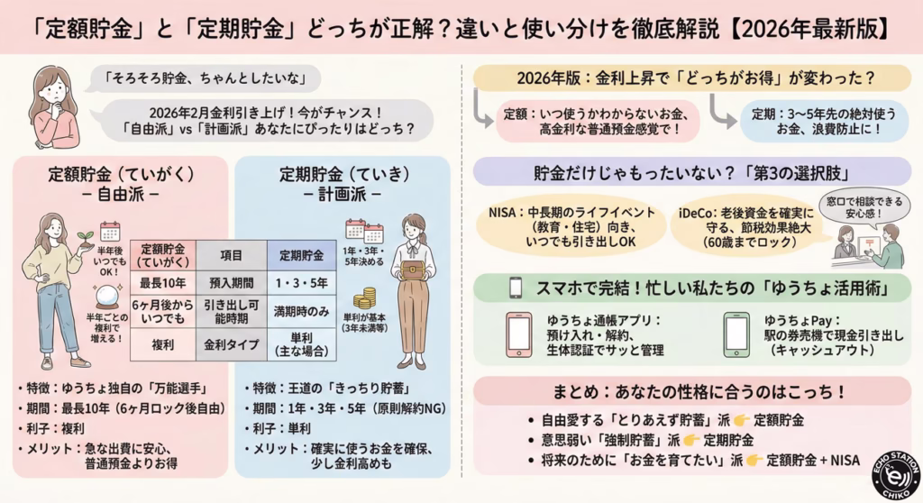 【2026年最新】ゆうちょ「定額貯金」と「定期貯金」の違い|金利・メリットと失敗しない選び方