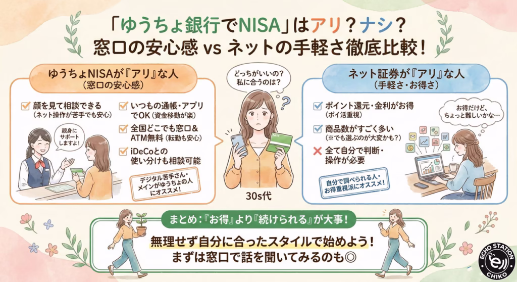 ゆうちょ銀行でNISAはアリ？ナシ？窓口の安心感とネット証券をやさしく比較（初心者向け）