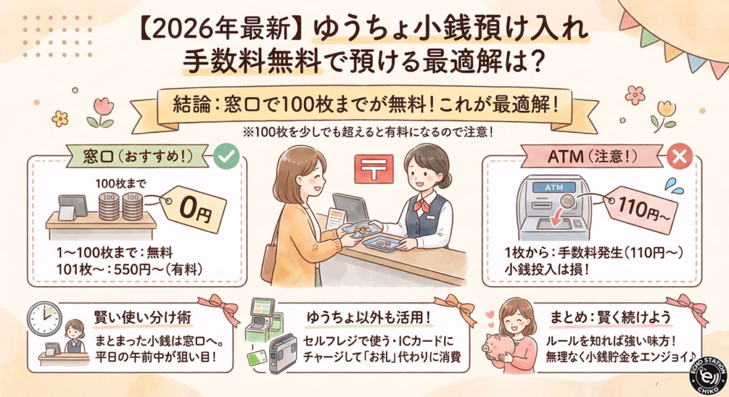 【2026年最新】ゆうちょ銀行の小銭手数料まとめ|無料で預ける方法とATMとの違いを解説