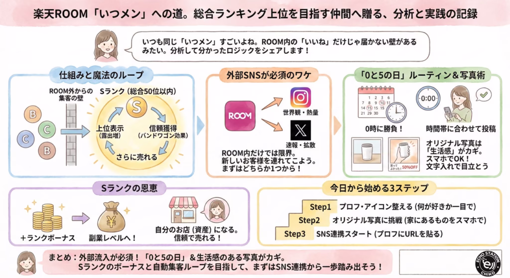 楽天ROOMで総合ランキング50位を狙う方法｜「いつメン」流SNS流入×0と5の日×オリジナル写真
