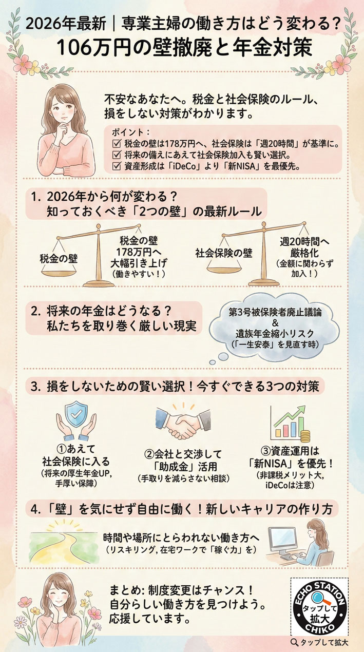 【2026年最新】専業主婦の働き方はどう変わる？106万円の壁撤廃と年金不安への正解
