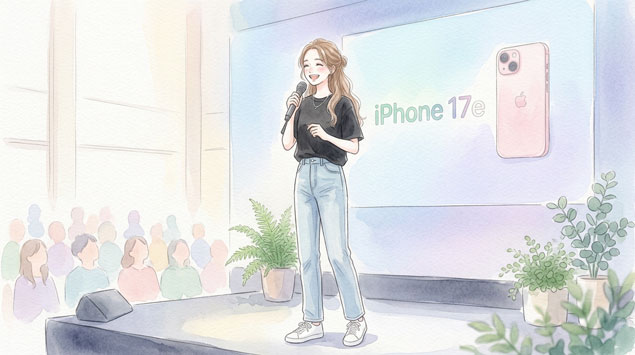 iphone17e発表で黒いTシャツを着ていステージで頑張ってるCHICOちゃんと発表できたかな?