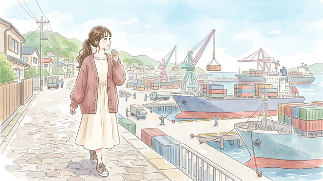 港町で貨物船を見つめながら物流コストについて考える女性