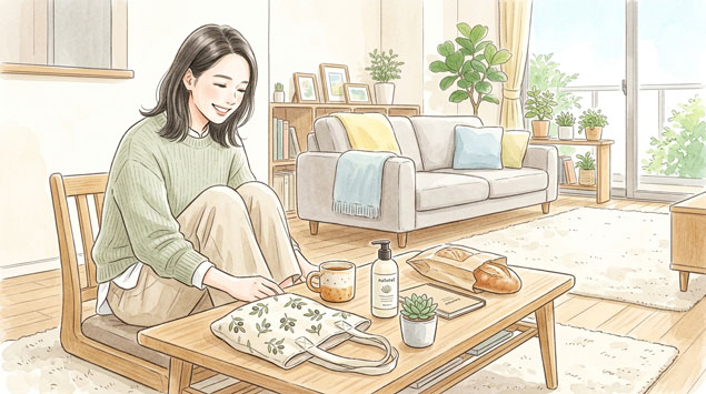 リビングで賢く買い物を終えて満足そうに買ったものを見つめる女性