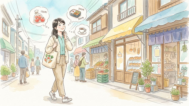 商店街を歩きながらこれからの買い物の基準について考える女性