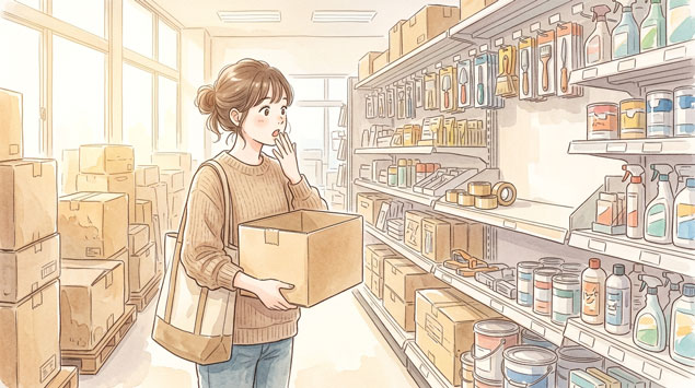 引越し用の段ボールやガムテープを探す女性 しかし売れきれて驚いている