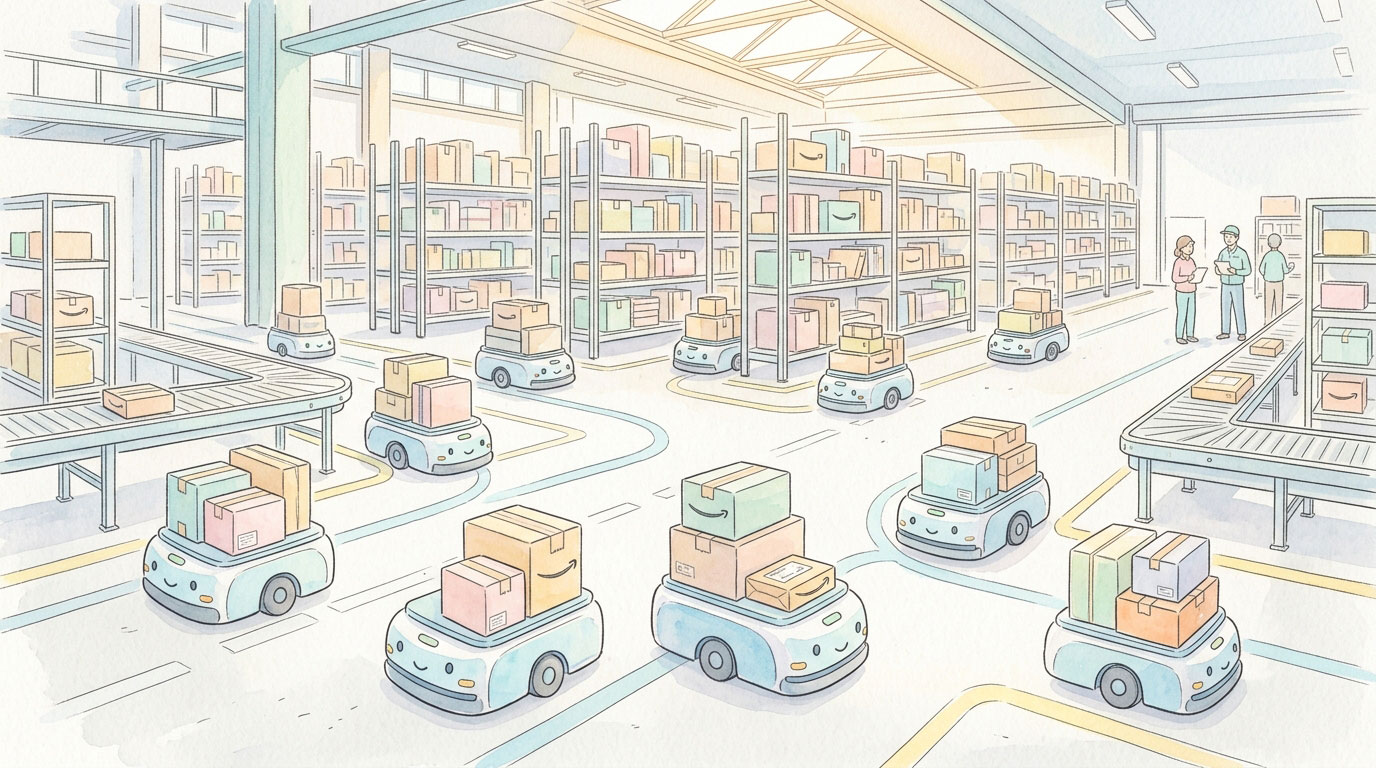 アマゾンの倉庫内で搬送機が勇往無人に走り回るイメージ画像