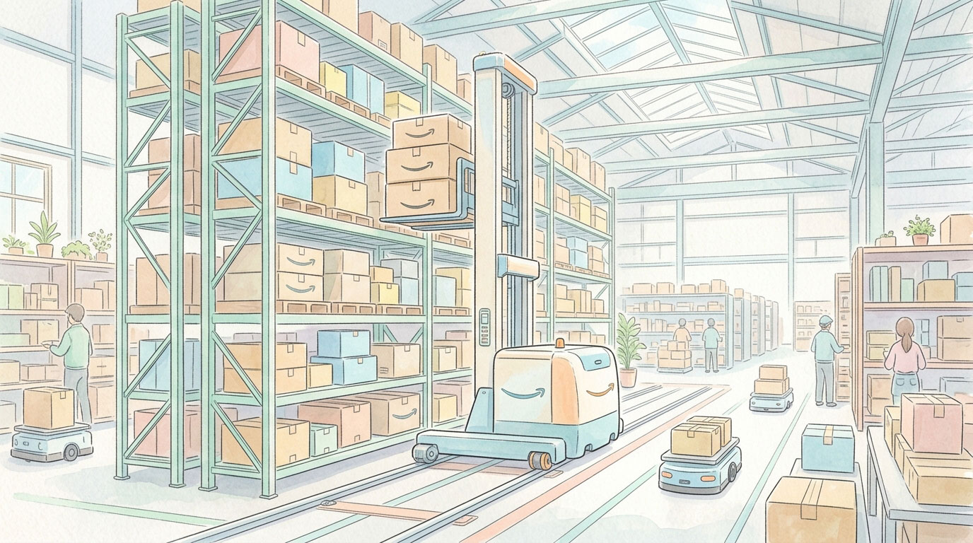 アマゾンの倉庫内で搬送機が勇往無人に走り回るイメージ画像