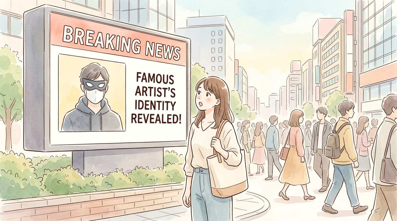 街角の大型ビジョンでバンクシー正体判明のニュースを見て驚く女性