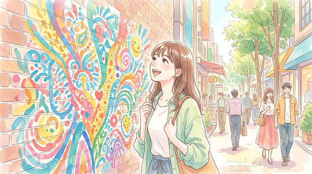 壁画のアートを楽しむ女性その作者はわからないが素晴らしい画像である