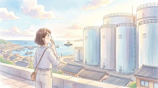 石油備蓄タンクの大きさに驚く女性