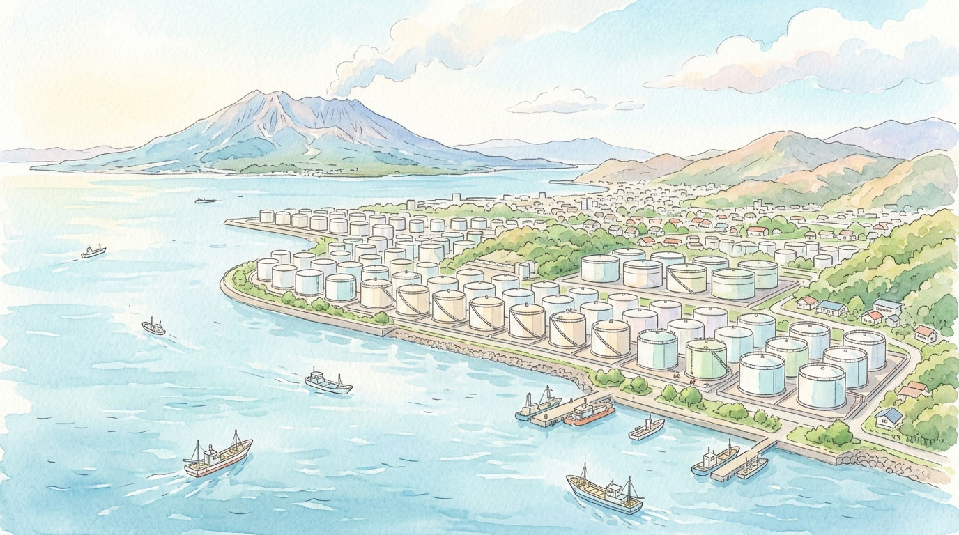 日本の石油備蓄タンクが海岸に並んでいるイメージ備蓄があるので安泰というイメージ