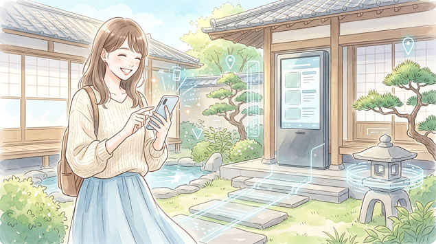 デジタル技術とリアルな空間の融合を楽しむ女性のイラスト