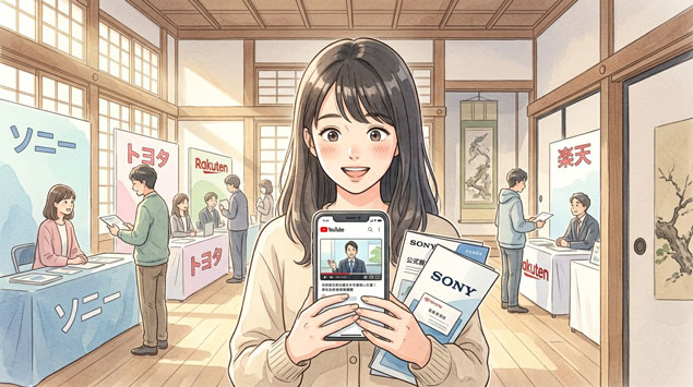 生活インフラ企業の商品を手に取る女性のイラスト