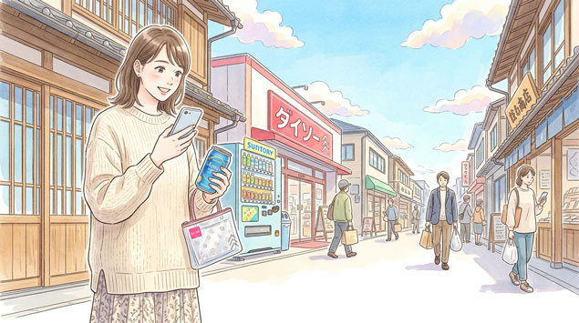 生活インフラ企業の商品を手に取る女性のイラスト