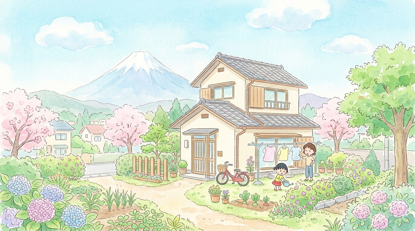 ちびまる子ちゃんの自宅イメージ マルコが花に水を上げている