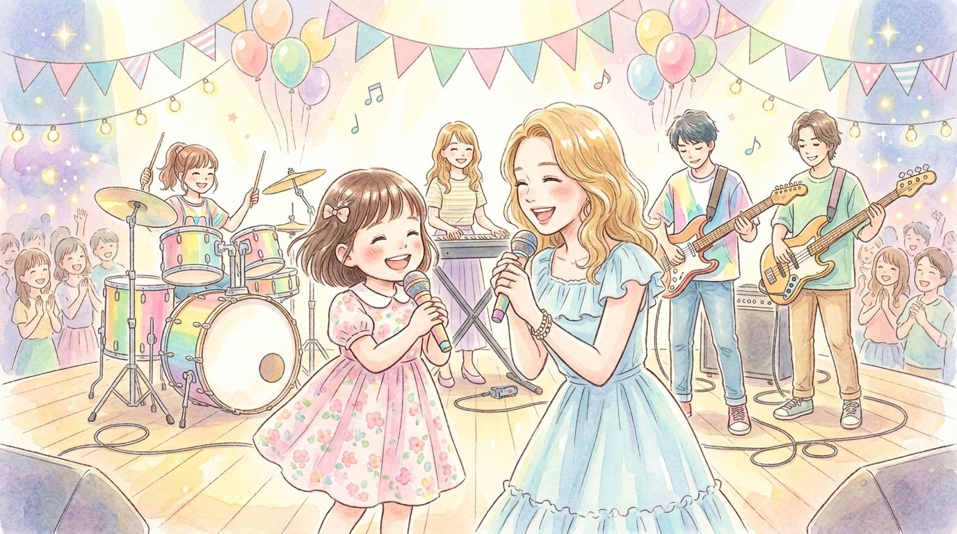 ちびまる子ちゃんのテーマソング「パッパパラダイス」っていうタイトルの新曲を楽しそうに歌っているシーン 歌手は宇多田ヒカルとまる子をイメージ