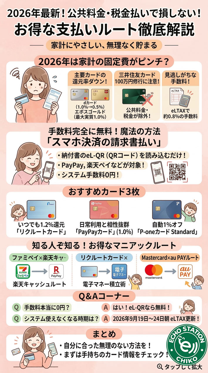 2026年最新の公共料金や税金のお得な支払い方法を解説。主要クレジットカードのポイント還元ルール変更や、手数料無料になるスマホ決済の裏技ルートをわかりやすくまとめました。