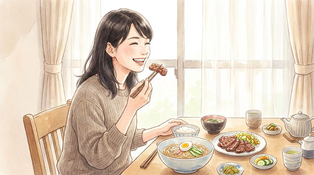 牛タン 東北グルメを楽しむ女性