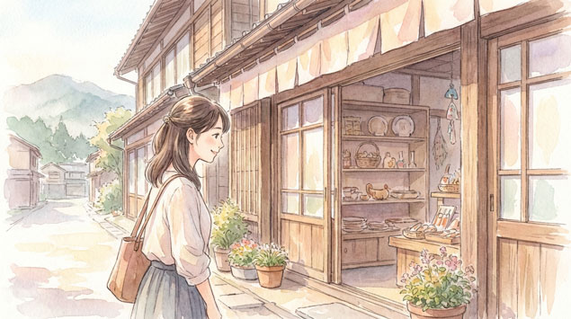  岩手の街並みを歩く女性