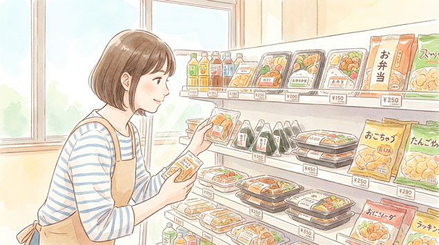 商品を選ぶ女性とコンビニ棚