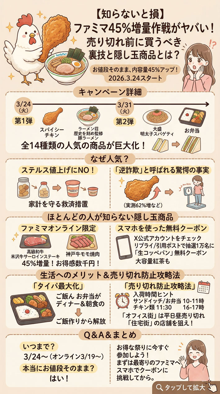 【2026年最新】ファミマ45%増量作戦はいつから？対象商品・売り切れ対策まとめインフォグラフ