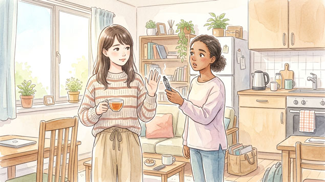 電子タバコの共有を断る女性