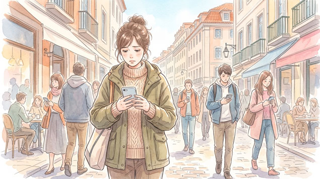 フィンランドスマホを見ながら疲れた様子の女性