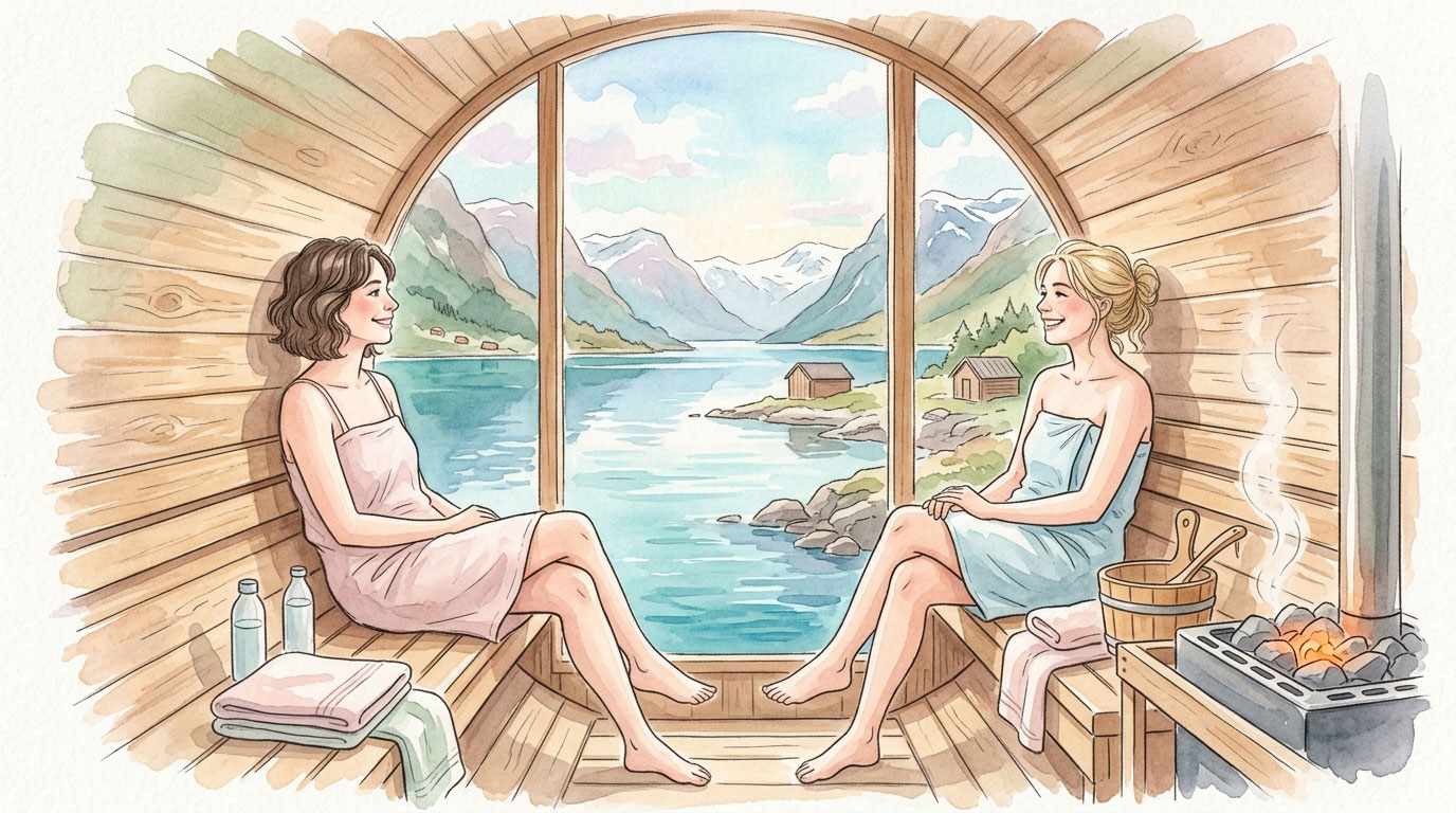 フィンランドのフィヨルドを眺めながら、バーレルの樽に入りながら幸せを感じている二人の女性