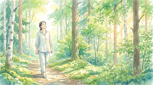 フィンランドの森でリラックスする女性