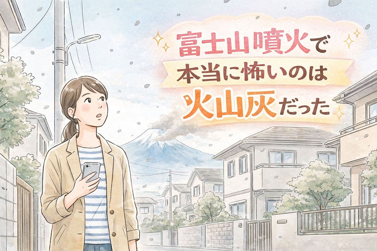 富士山噴火と火山灰に驚く女性 サムネキャッチコピー(1枚目) 1段目 富士山噴火で本当に怖いのは 2段目 火山灰だった