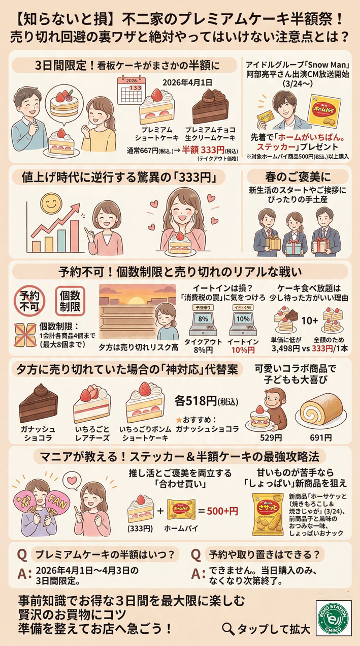 【2026年4月】不二家プレミアムケーキ半額はいつまで？予約・売り切れ対策も解説 わかりやすく説明したインフォグラフィック