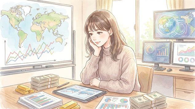  金価格下落の原因を考える女性と世界経済のイメージ