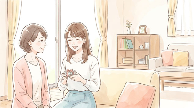 母とお茶を飲みながらプレゼント何がいいと聞いている風景
