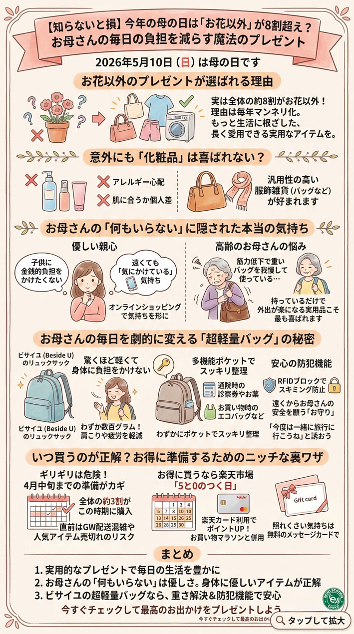 【2026年母の日】お花以外で喜ばれるプレゼントは？軽くて実用的な神ギフト インフォグラフ