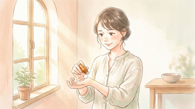 導入液を手にとって効果を確認しているシーン